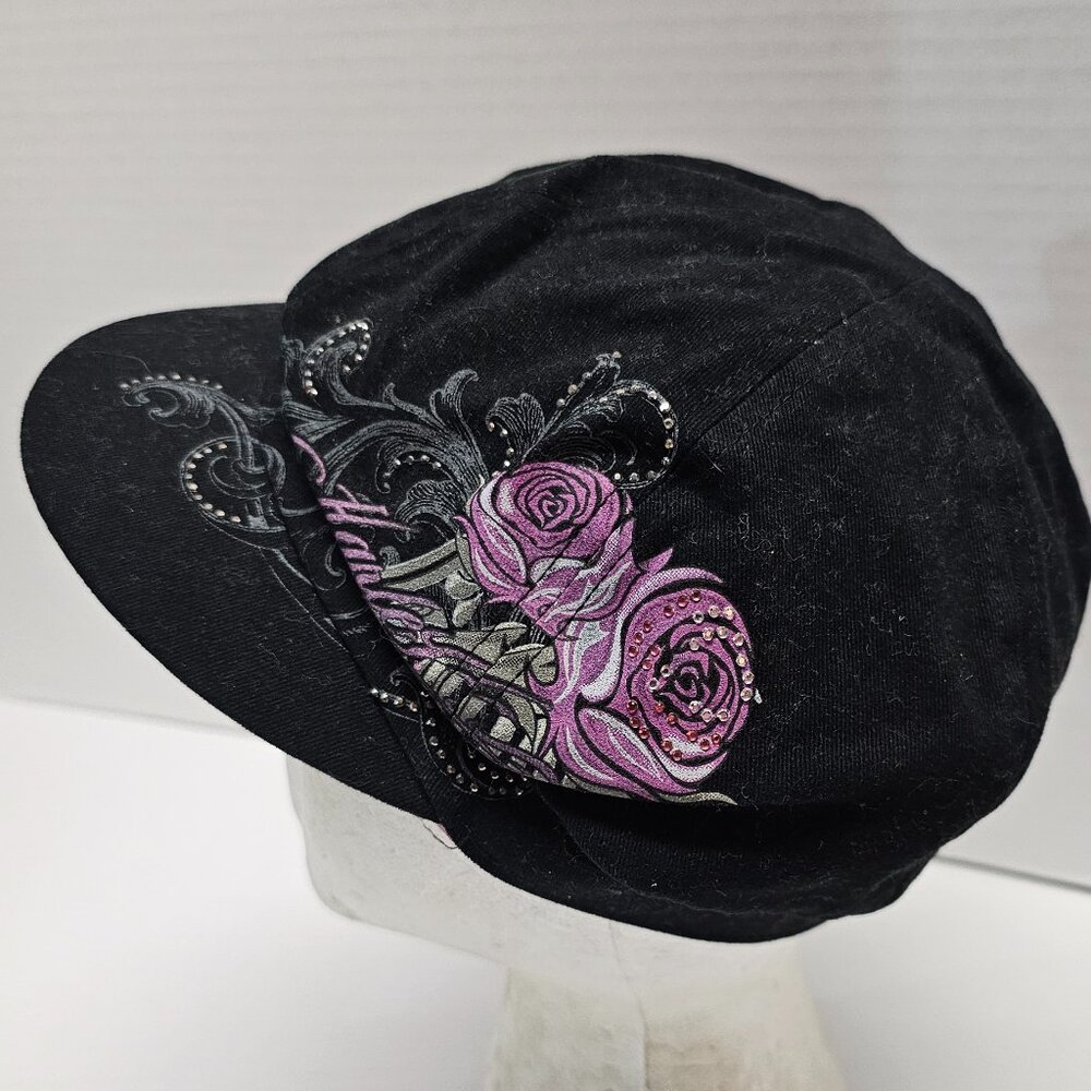 New Black Floral Flower Roses Harley Davidson Motorcycle Womens Cap Hat